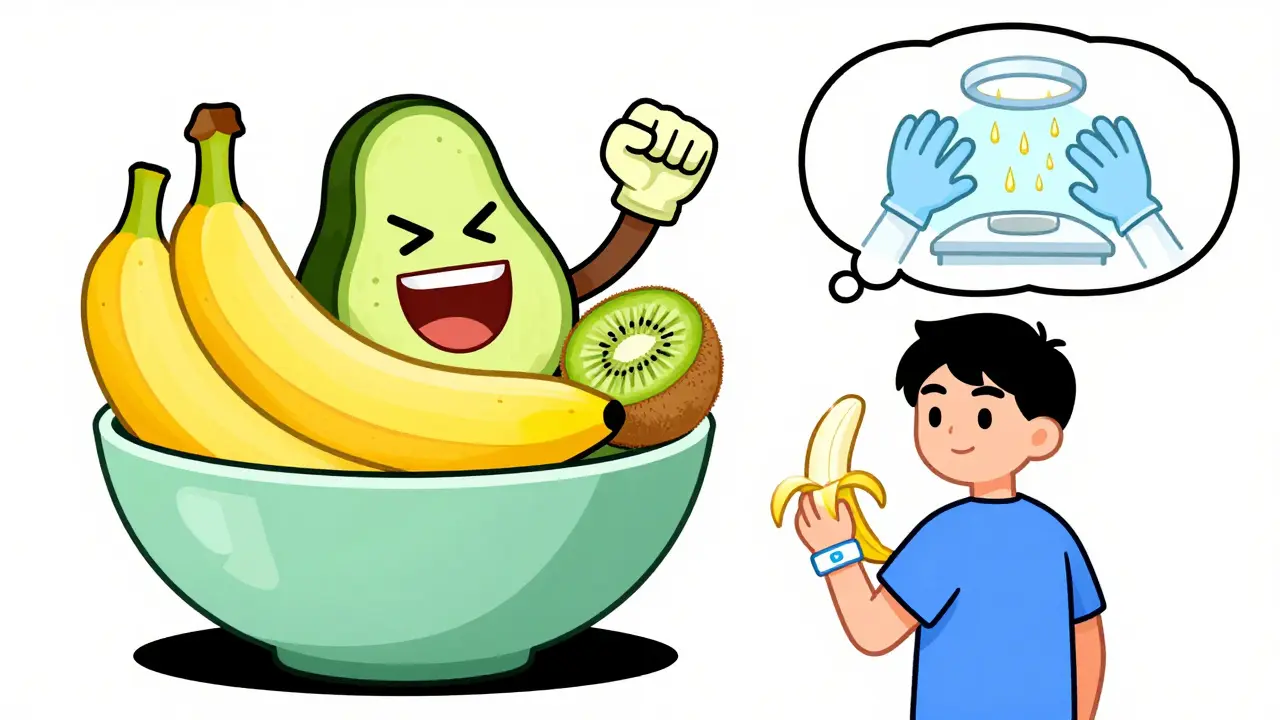 Person holding banana next to fruit with latex glove faces, immune system charging in cartoon style.