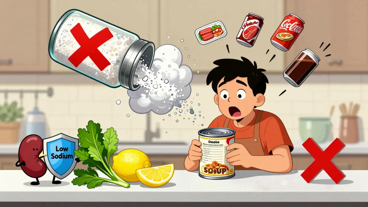 Person reading food label as salt explodes, healthy foods smiling beside them.