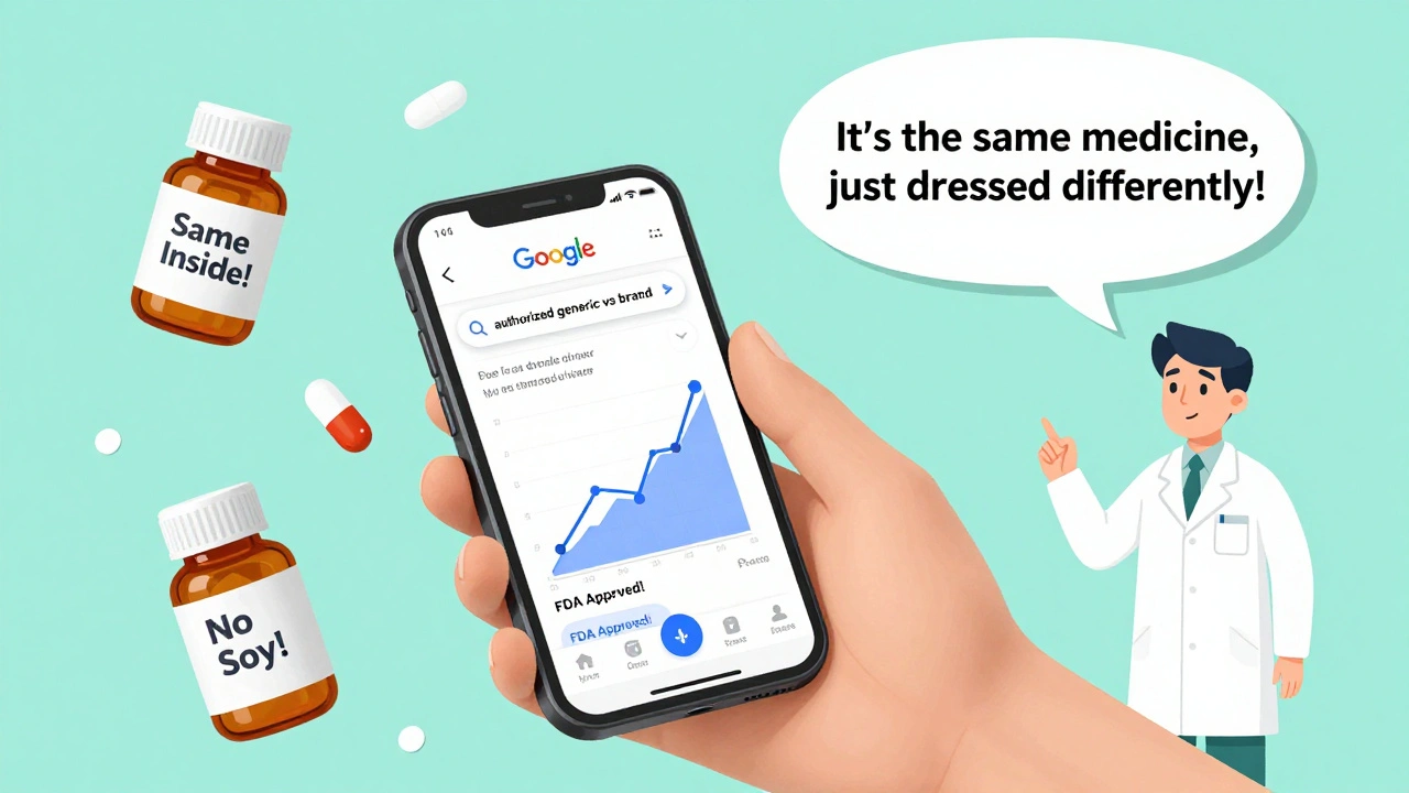 Person searching online about authorized generics while floating pill bottles show safety and equality messages.