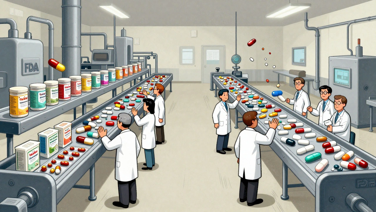 Pharmaceutical factory with two parallel production lines for branded and plain pills under FDA inspection.