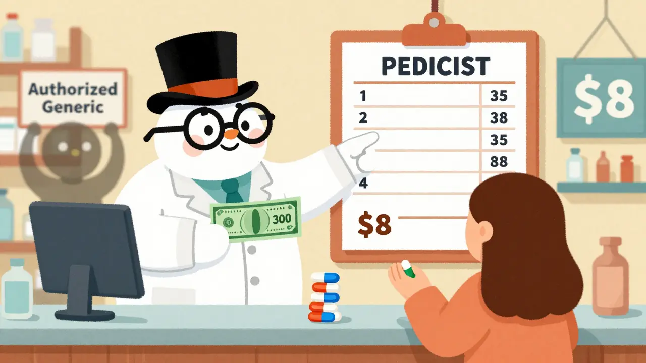 Pharmacist handing a low-cost generic pill while a brand pill holds a high price tag.