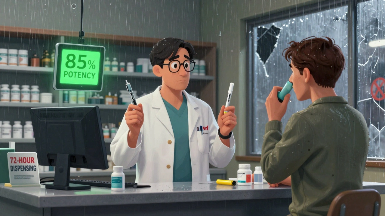 Pharmacist showing expired and fresh EpiPens to a patient in a flooded pharmacy.