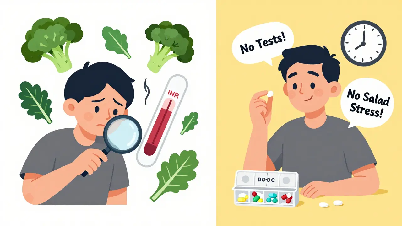 Side-by-side cartoon scene: anxious patient with vegetables and blood tests vs. calm patient with pill organizer and clock.