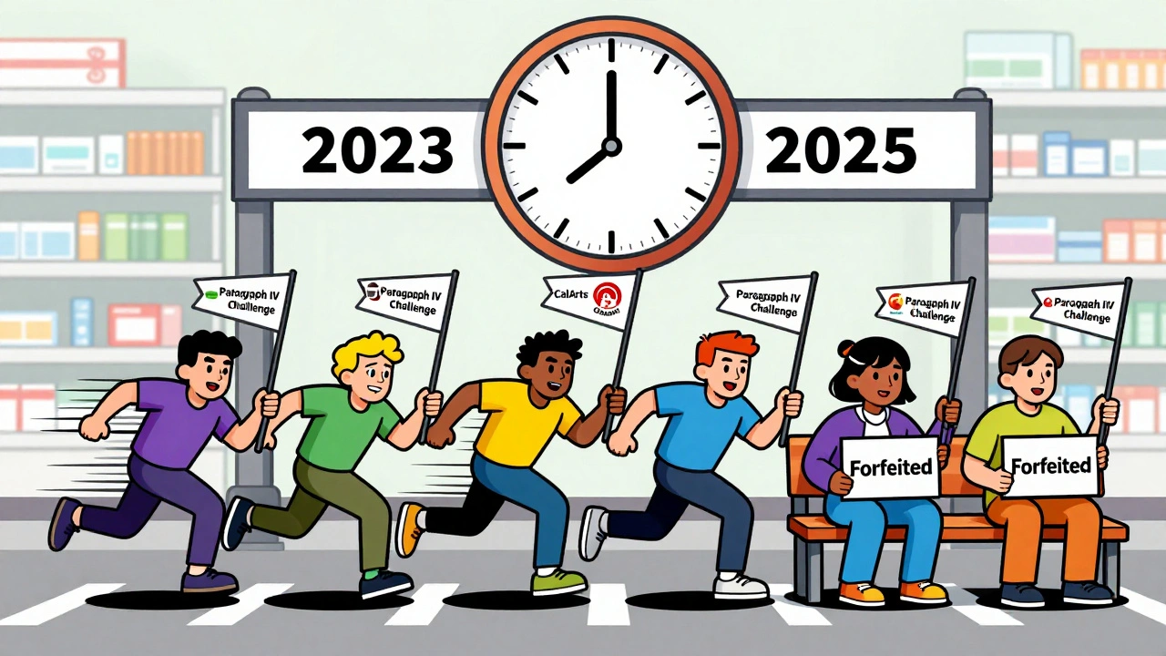 Six generic companies at a starting line; three race forward while three sit idle with forfeited signs.