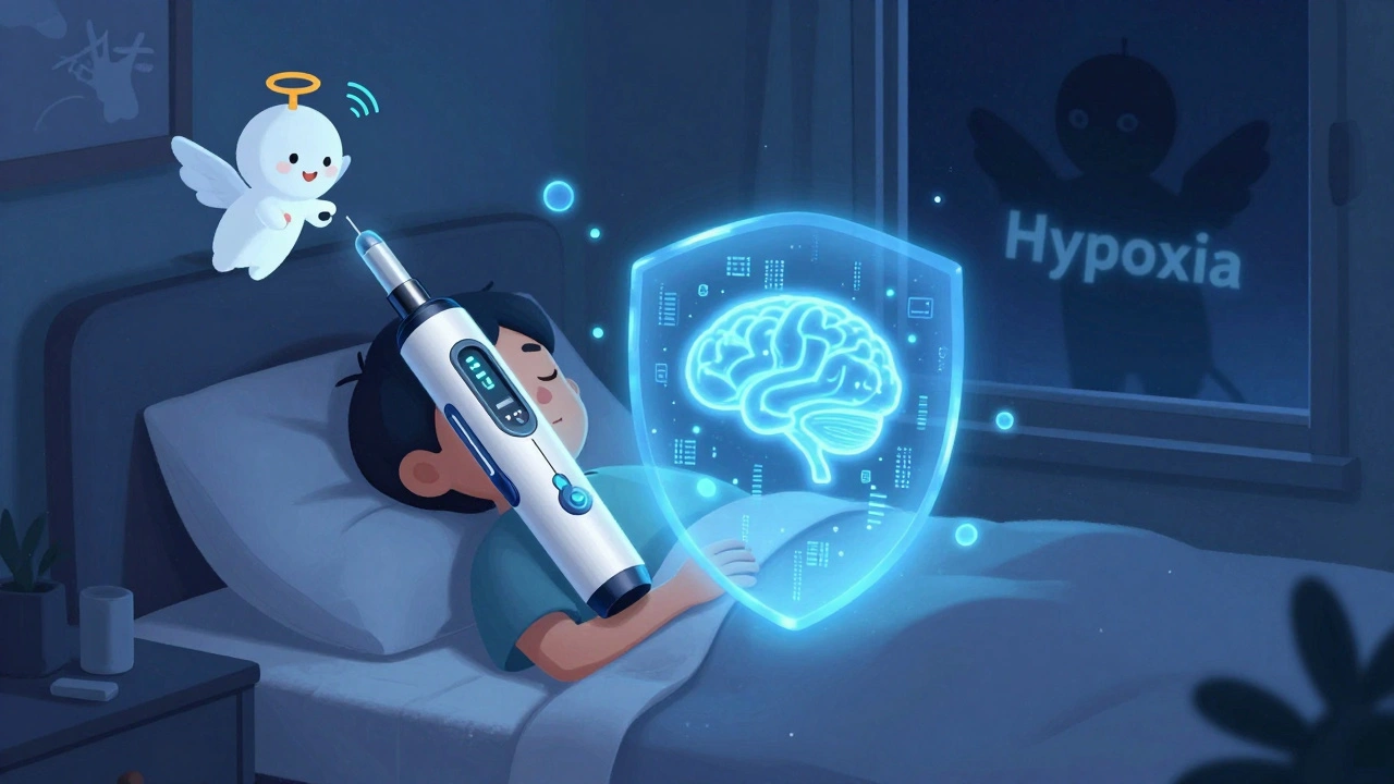 Sleeping person protected by smart insulin pen and glowing CGM, hypoglycemia threat fading away.