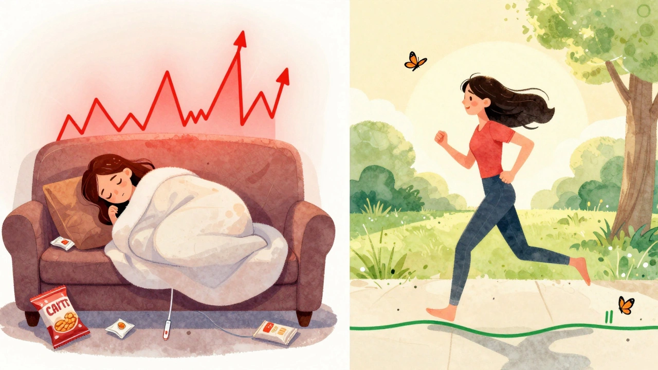 Split panel: woman exhausted with junk food vs. same woman jogging at sunrise with calm hormones around her.