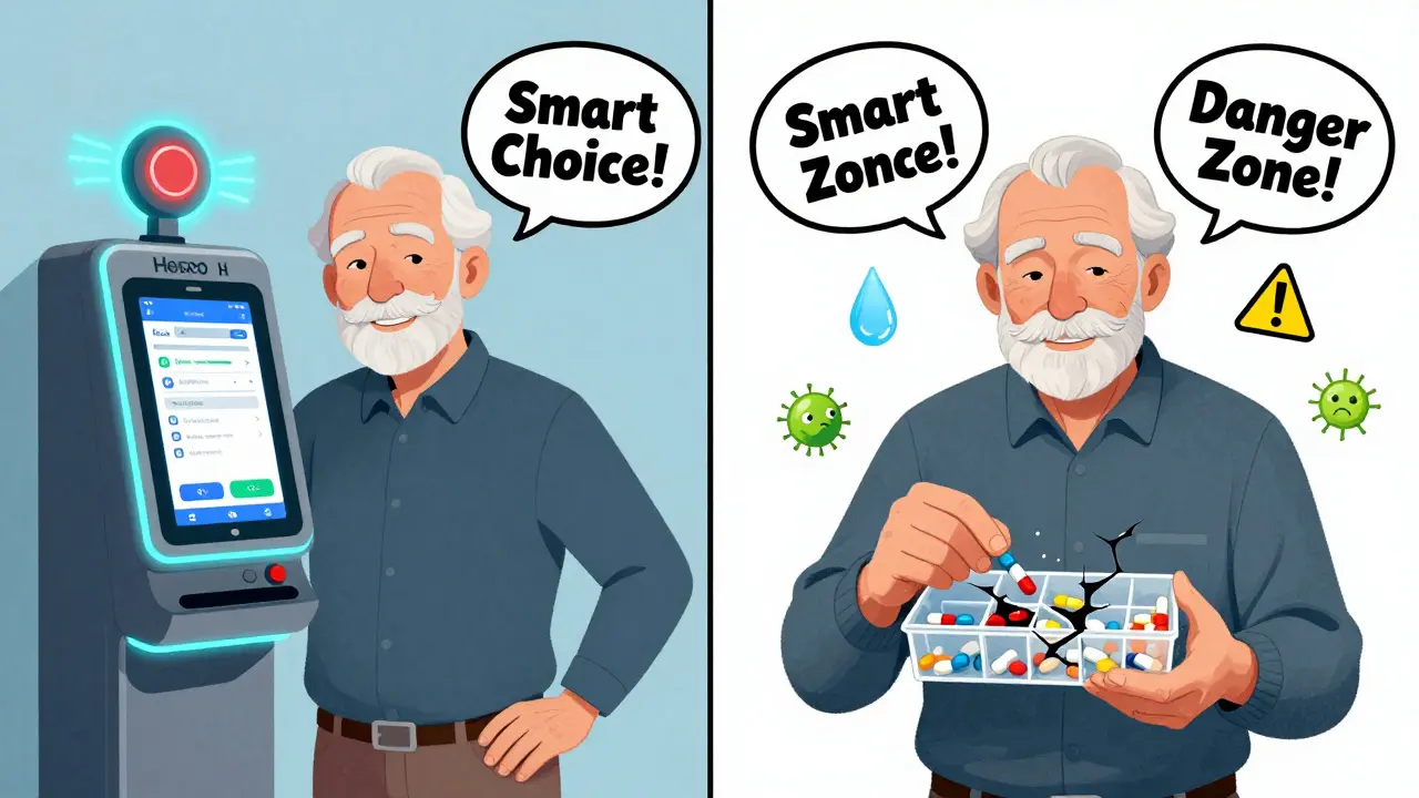 Split scene: senior using a smart electronic pill dispenser on one side, chaotic spilled pills on the other with warning icons.