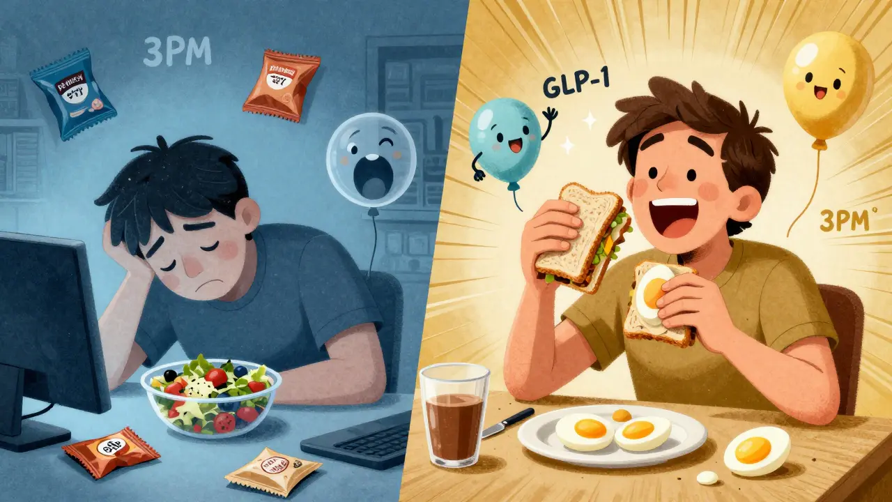 Split scene: tired person with snacks vs. energized person with tuna and egg, fullness hormones high-fiving.