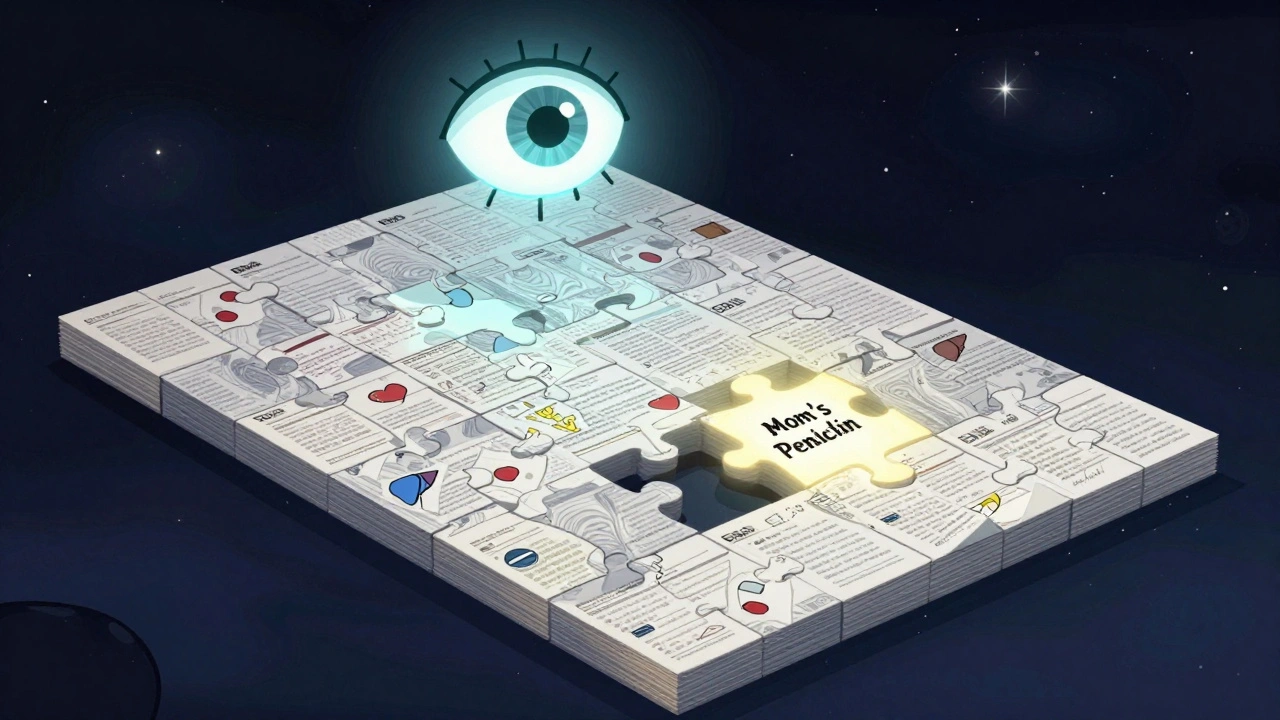 Thousands of patient reports assembling into a glowing puzzle under an AI eye, one report highlighted.