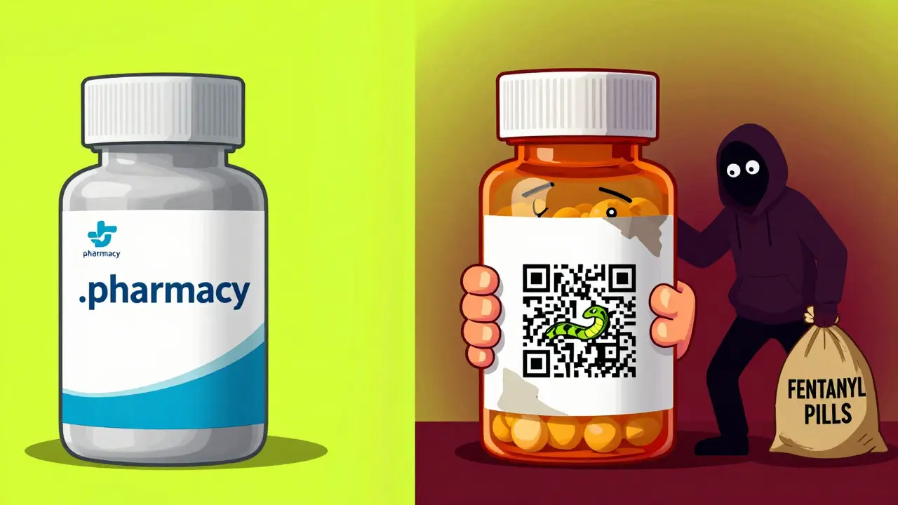 Two pill bottles side by side—one legitimate with .pharmacy logo, the other fake with a snake QR code.