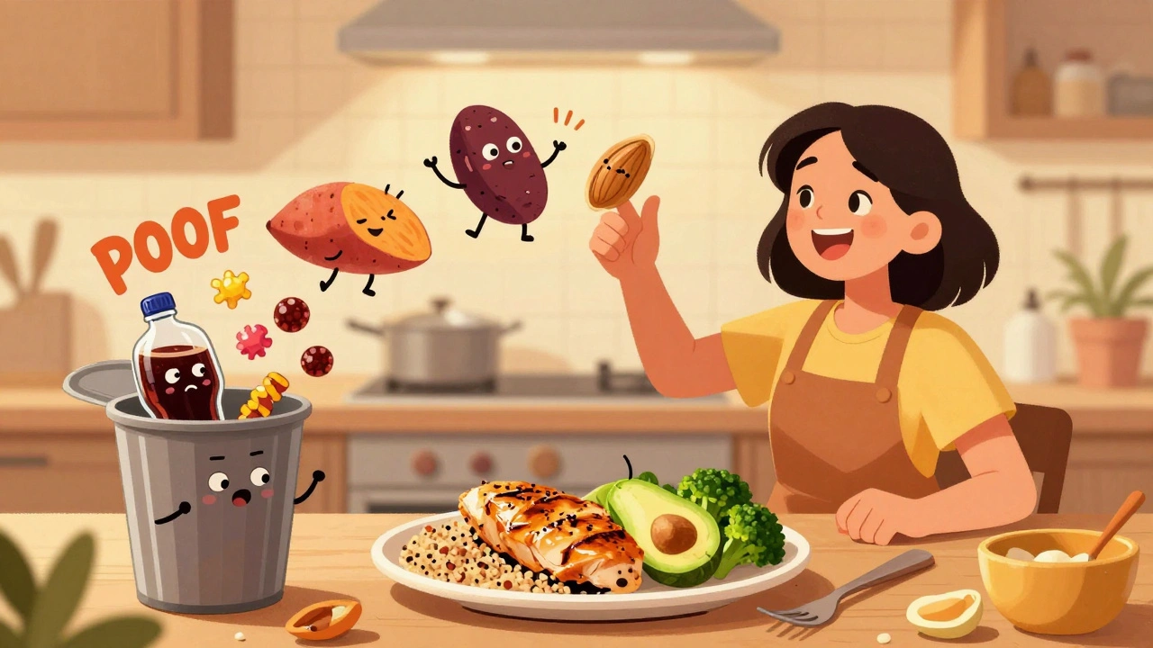 Woman cooking a balanced meal with friendly low-glycemic foods floating happily above, junk food being thrown away.
