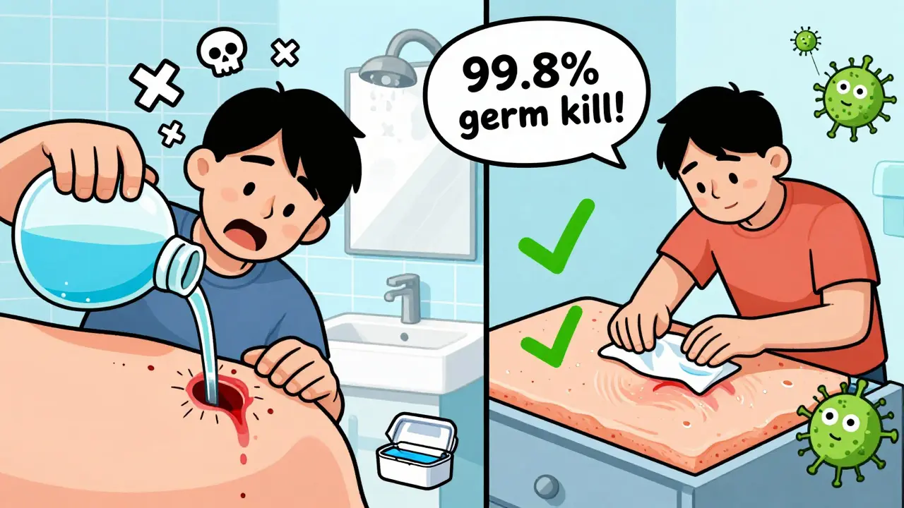 A cartoon comparison: wrong way pouring peroxide on a wound vs. correct cleaning with antiseptic wipe.