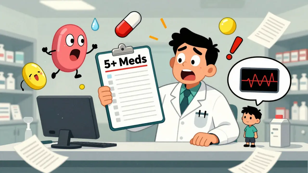 A chaotic pharmacy counter with arguing pills and a overwhelmed pharmacist surrounded by multiple medications.