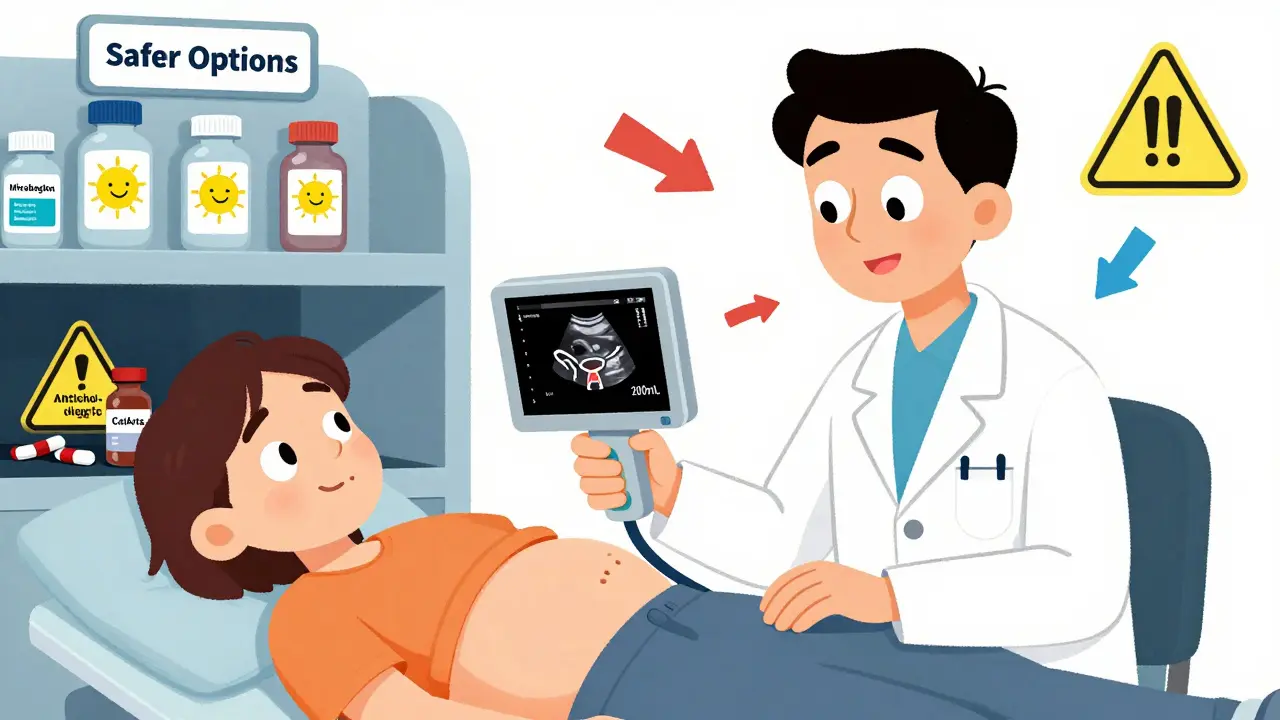 A doctor checks a full bladder with ultrasound while safer medication options glow nearby.