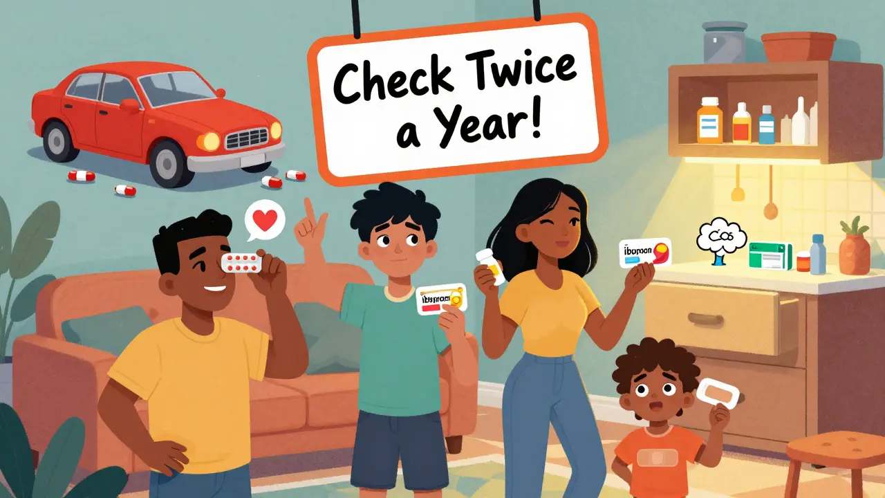 A family holding different OTC medications, with a warning about heat damage to pills and a safe storage drawer.