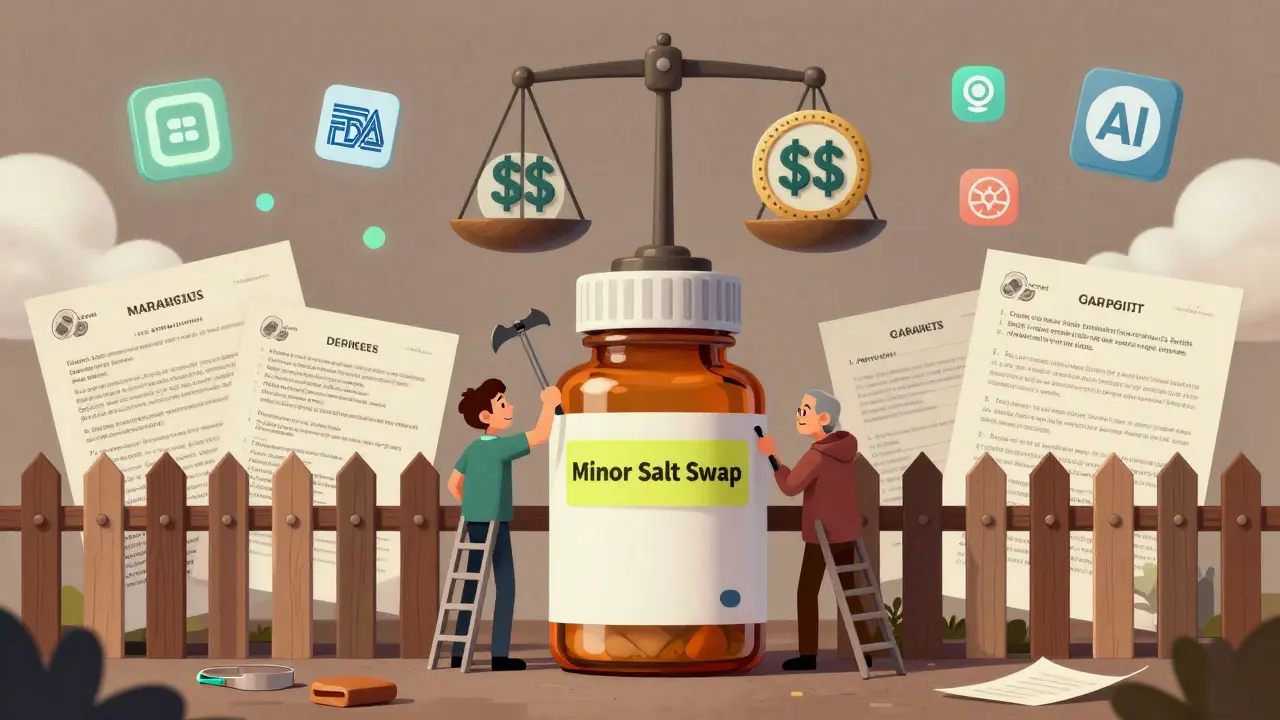 A fence of overlapping patents surrounds a drug bottle as generics try to climb, one ladder broken by a minor salt swap patent.