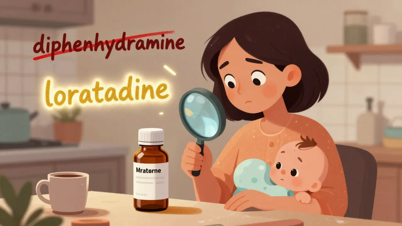 A mother examining a medicine label with a magnifying glass, safe and unsafe ingredients highlighted around her.