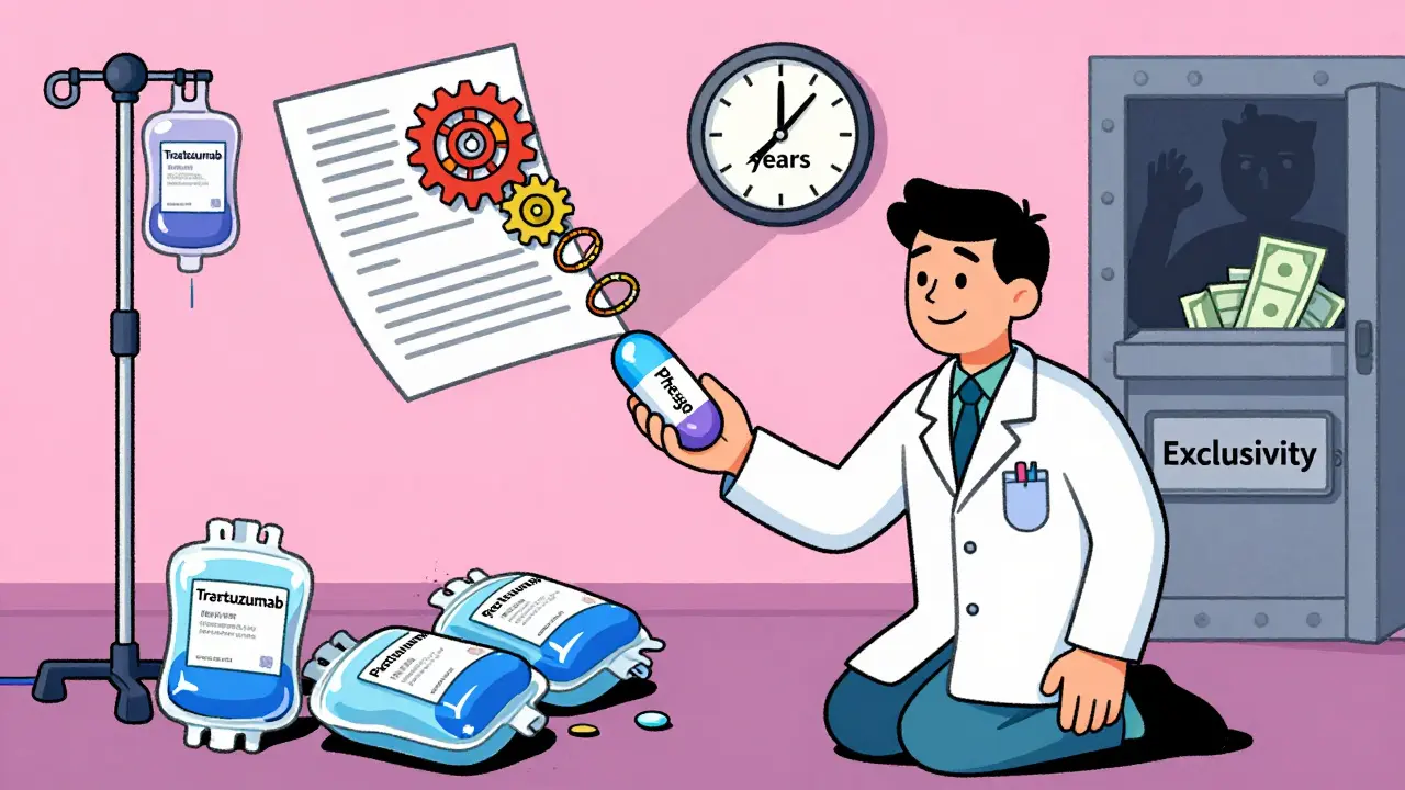 A patient receives a single tablet while discarded IV bags lie on the ground, with a patent spinning above like a shield.