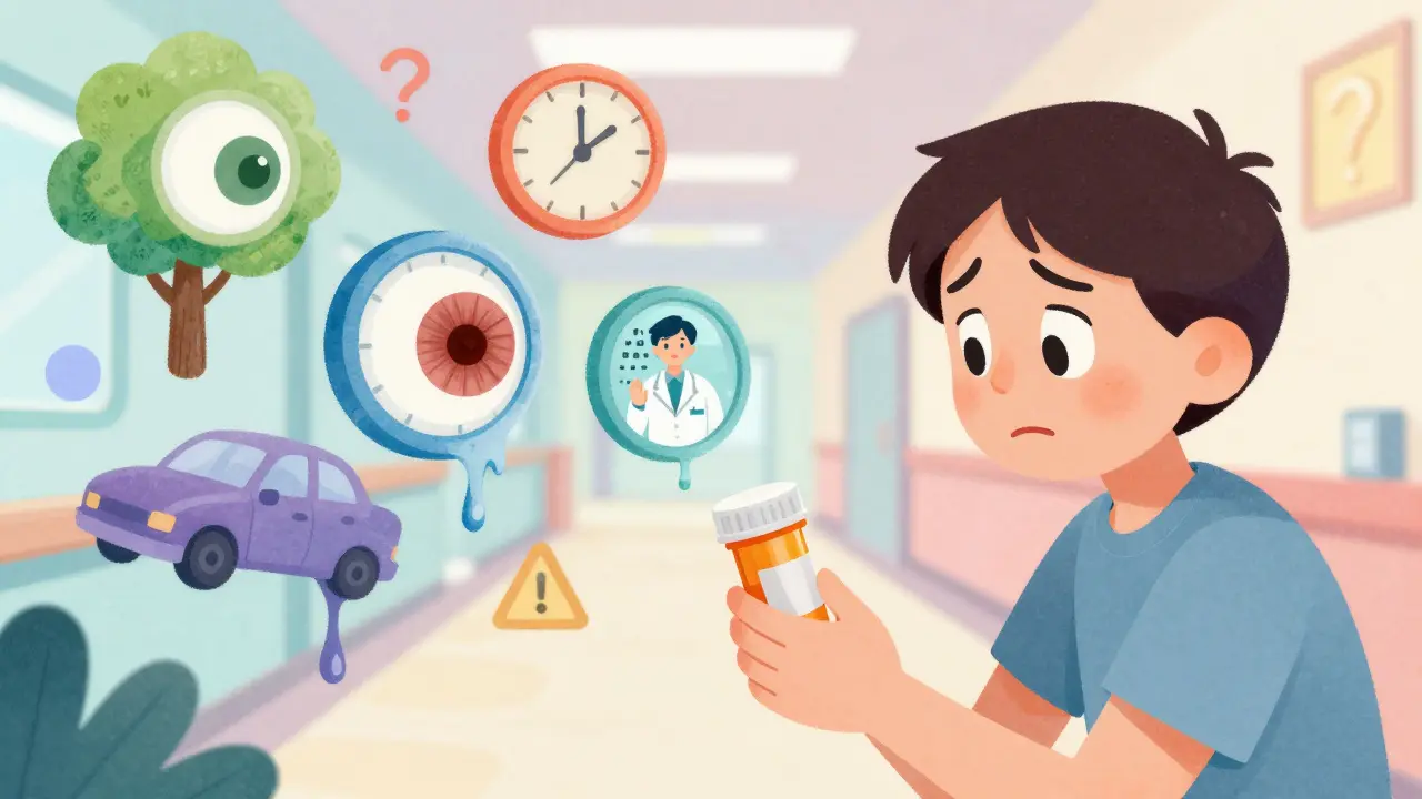 A person seeing a blurry world while holding a prescription bottle, with abstract vision distortion.