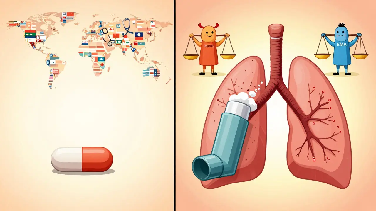 A pill and inhaler delivering medicine to body systems, watched over by regulatory guardians.