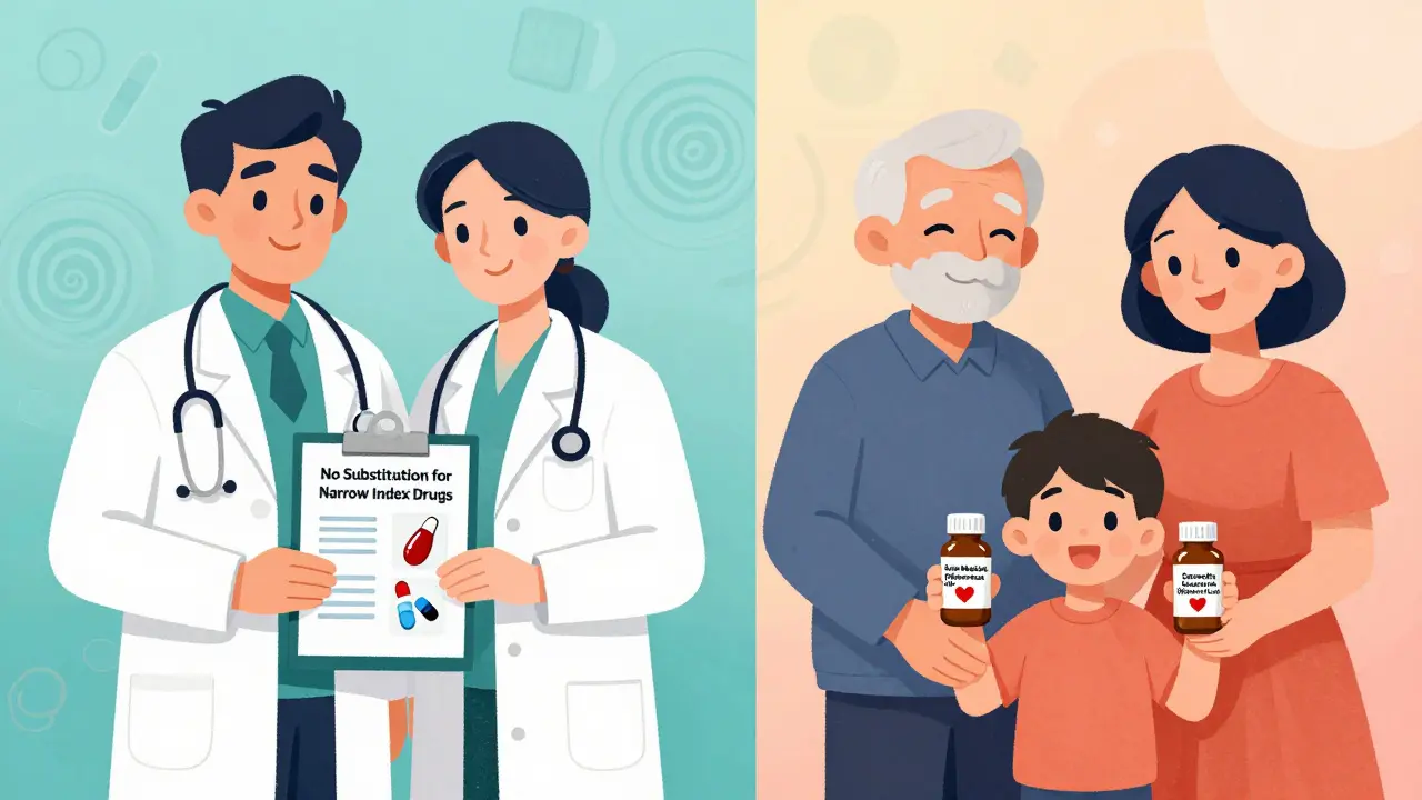 A split scene: left side shows restricted substitutions for high-risk drugs, right side shows families united with reassurance about generic meds.