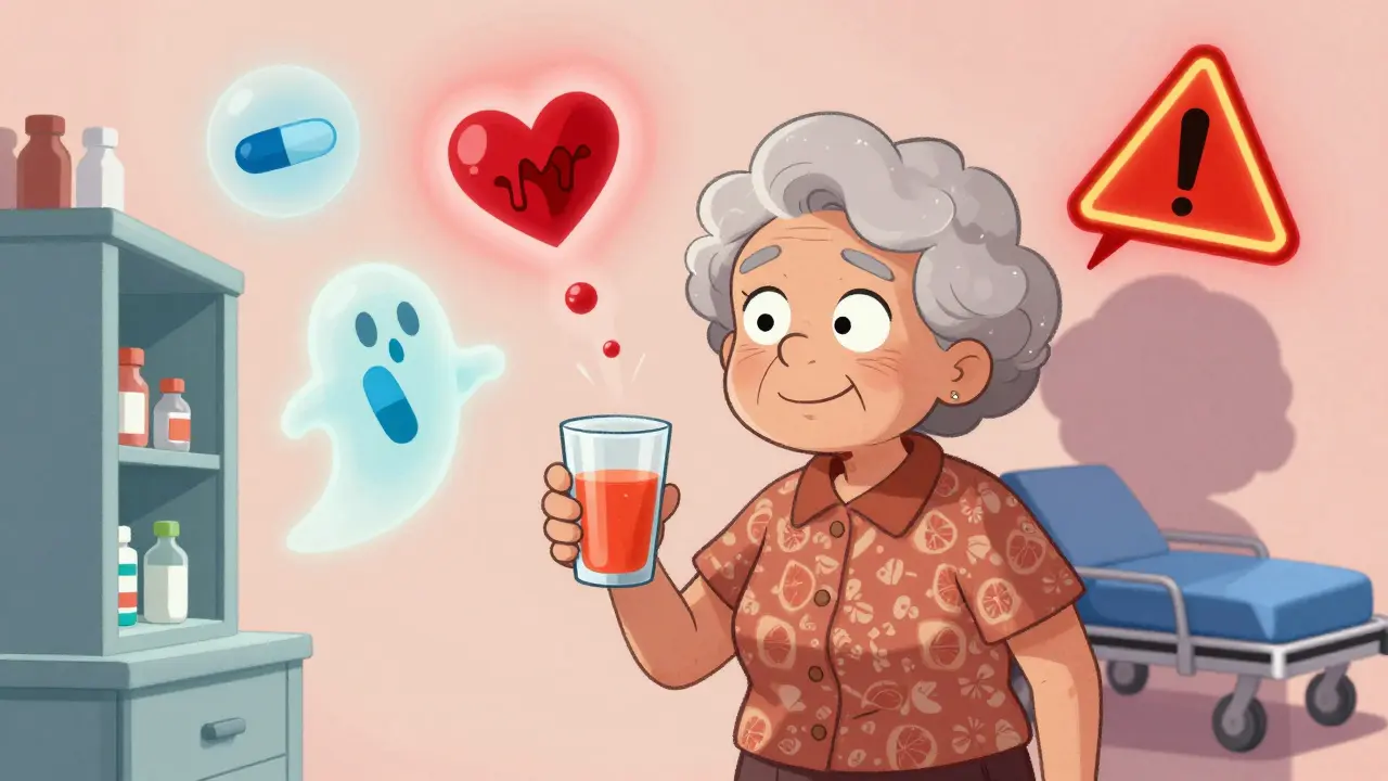 An elderly woman with floating warning drug icons and a bleeding heart symbol near her grapefruit juice.