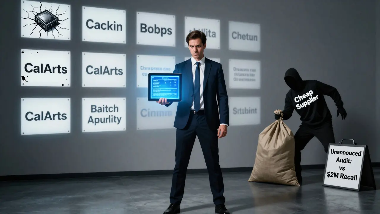 Business owner using blockchain tech to track safe products while a fraudulent supplier flees.