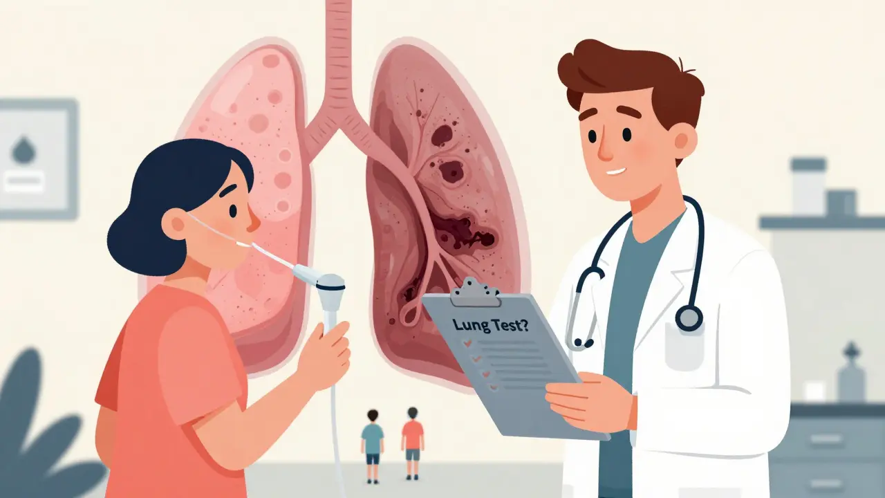 Doctor and patient in clinic with healthy and scarred lungs side by side, holding a breathing test tube in CalArts style.