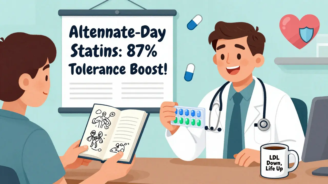 Doctor and patient in office, discussing statin options, with a poster showing improved tolerance and a pill organizer on the table.