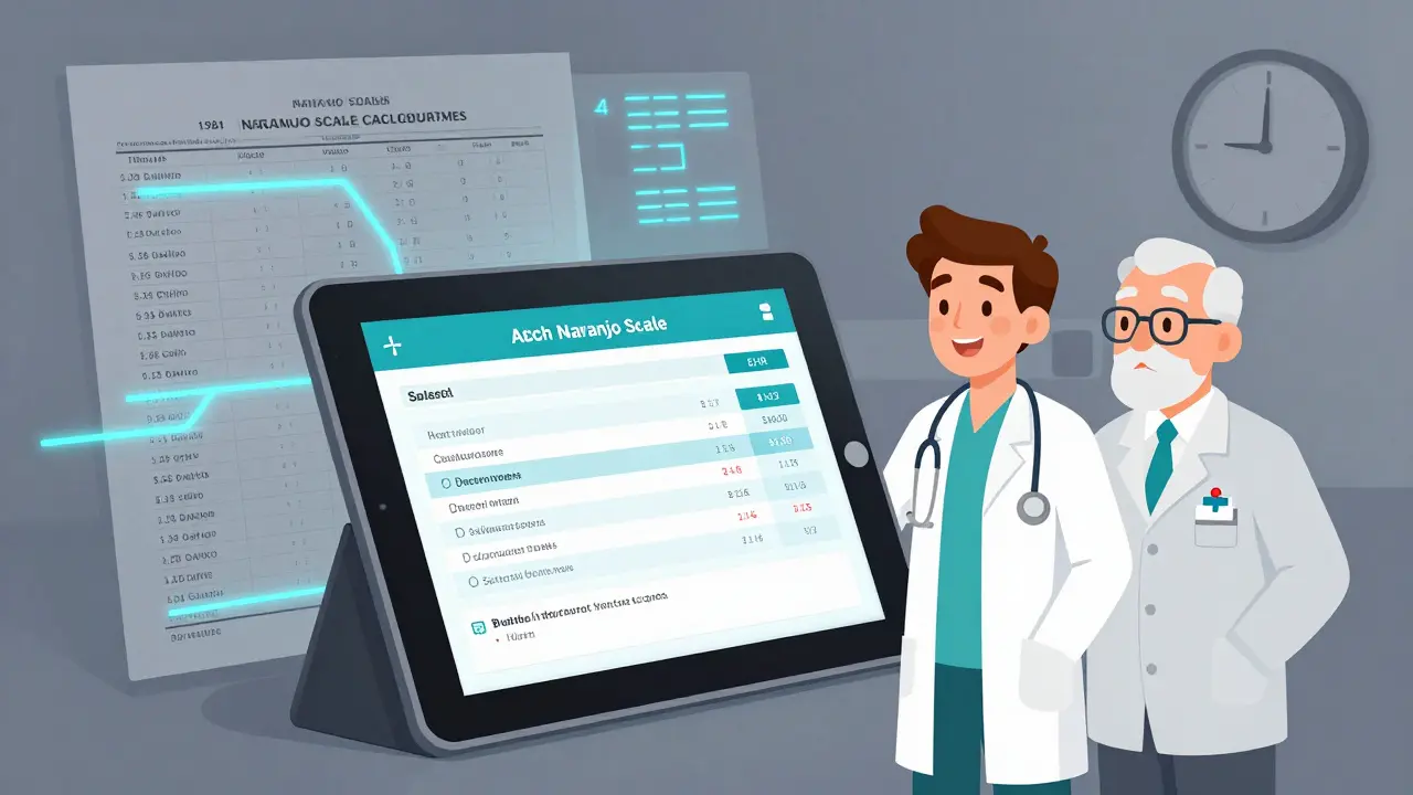 Doctor using digital Naranjo calculator on tablet, pulling EHR data with a faded 1981 paper scale in background.