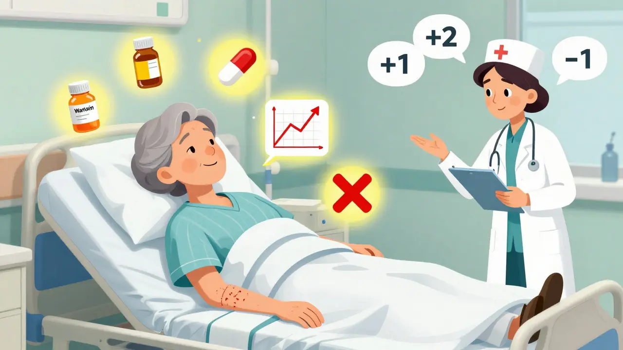 Elderly patient with rash, surrounded by medication icons and scoring points from Naranjo Scale questions.