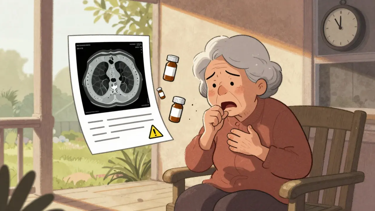 Elderly woman coughing on her porch as medical charts and prescription bottles float nearby in soft cartoon illustration.