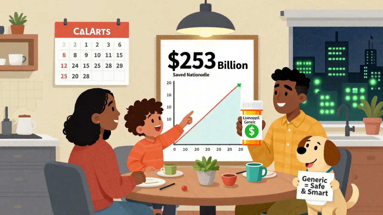 Family celebrating savings from generic drugs, chart showing 3B saved, calendar with 450 patent expirations by 2028.