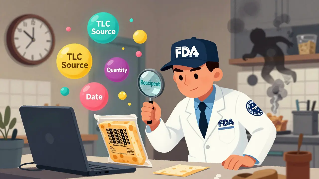 FDA detective examining a cheese package with floating data bubbles and a 24-hour countdown.