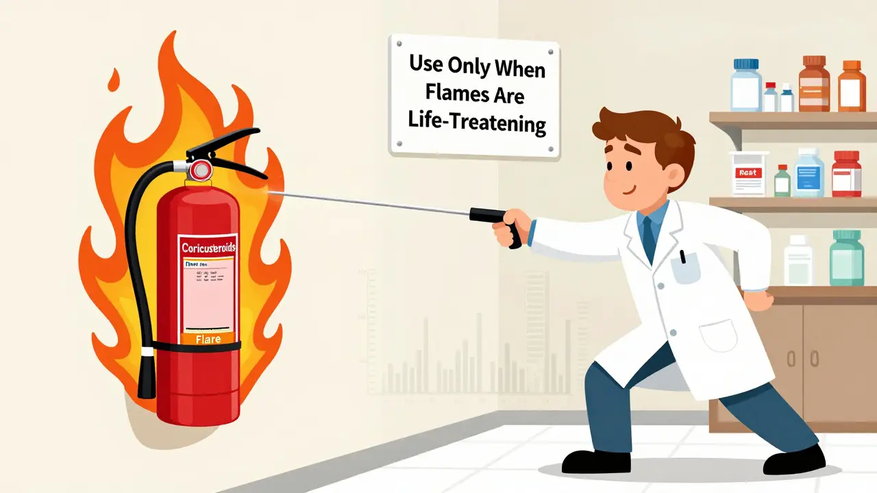Fire extinguisher labeled 'Corticosteroids' being used briefly on a flare-up, other treatments stored nearby.