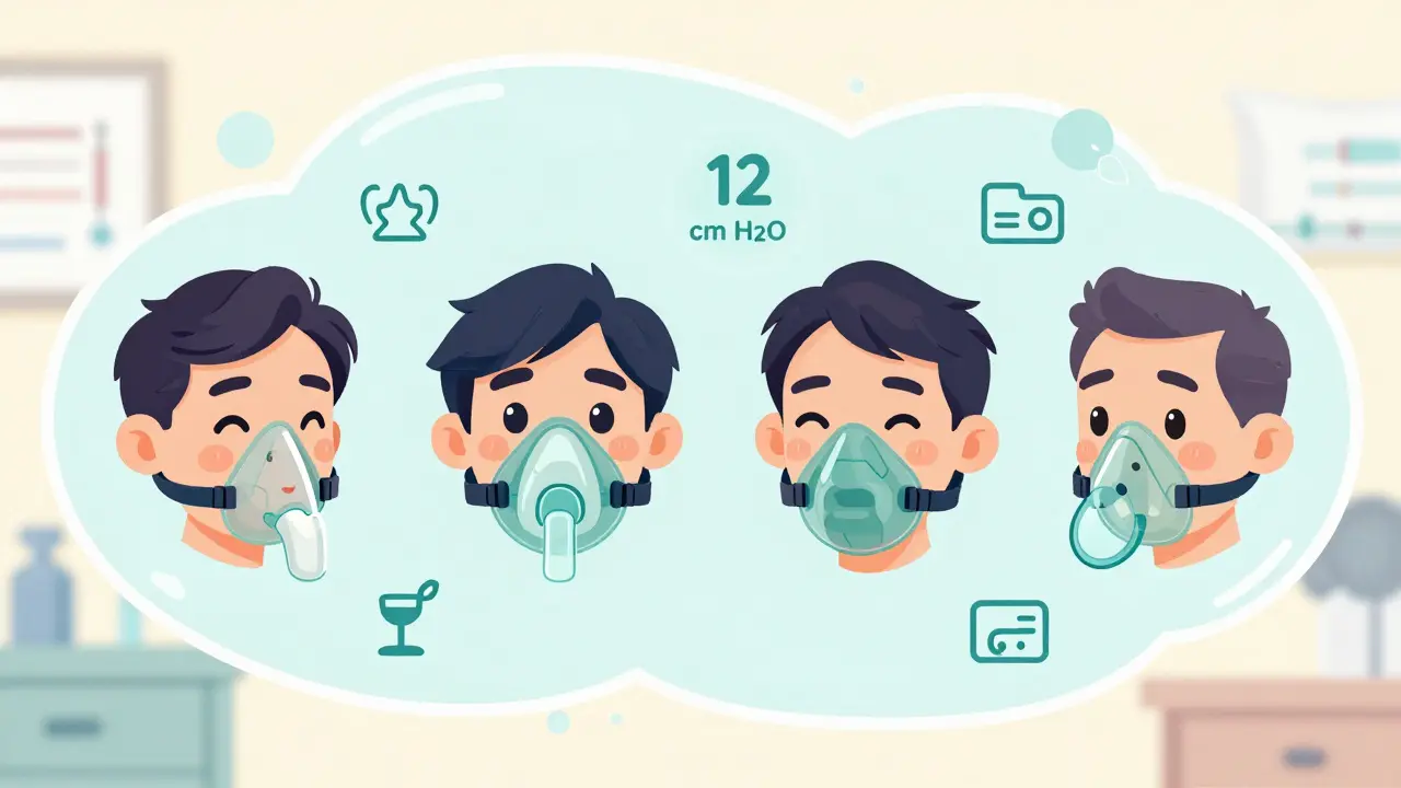 Four different CPAP mask types shown on friendly cartoon faces with labeled pressure icons in a medical-themed layout.