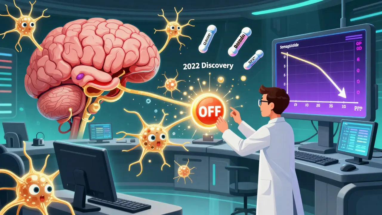 Futuristic hypothalamus control room with new neurons shutting off hunger signals