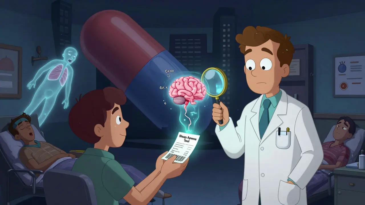 Giant opioid pill casts shadow over sleeping city as patient receives sleep test from doctor.