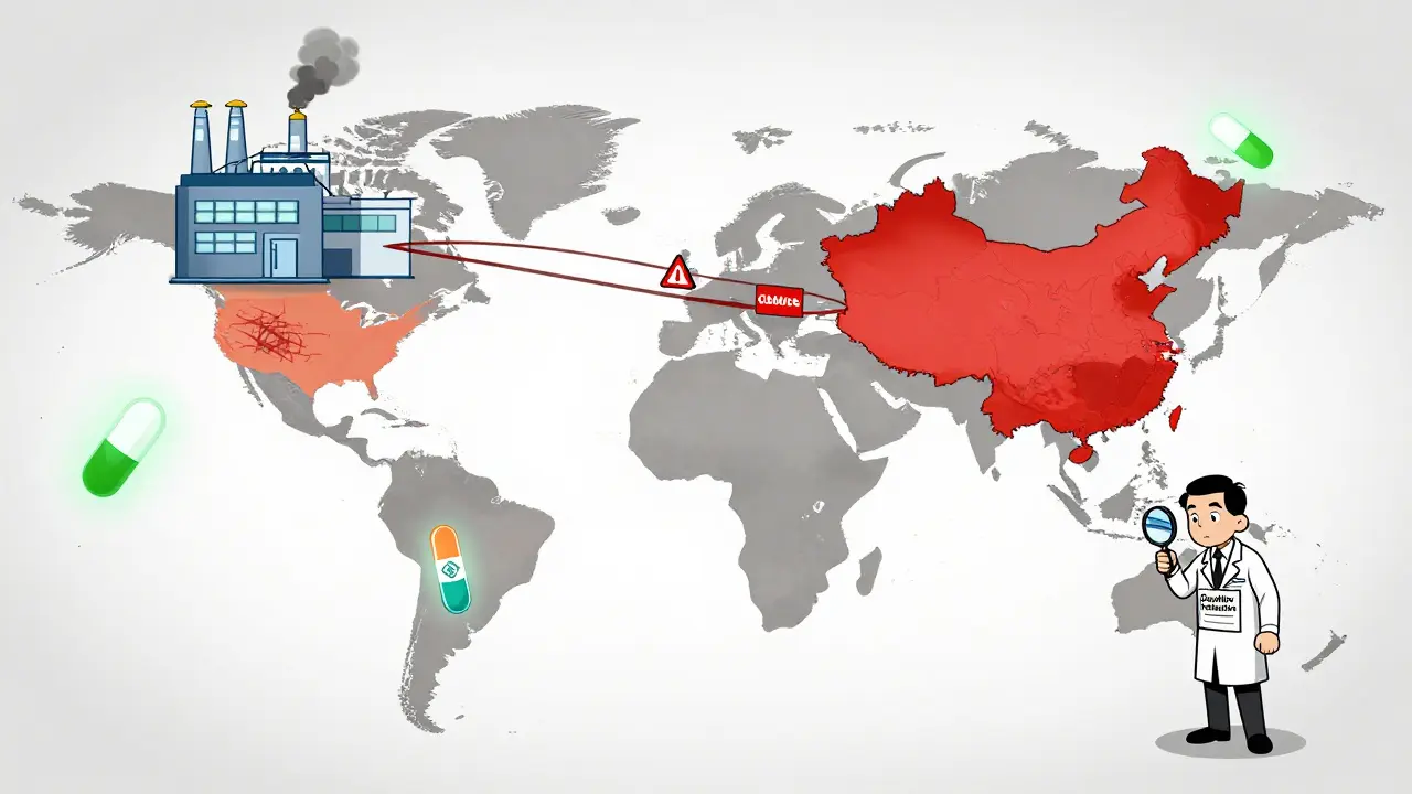 Global supply chain map showing factories in China and India failing, affecting U.S. hospitals.