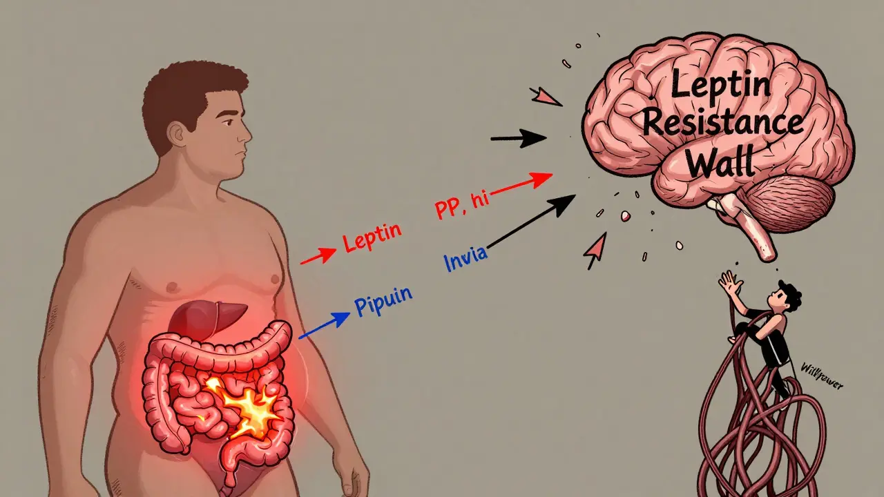 Human body with inflamed fat tissue and broken hormone signals hitting a resistance wall