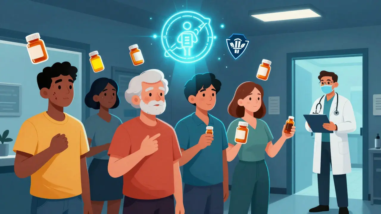 People in an emergency room hallway with floating symptoms, holding medication bottles under a protective blue light.