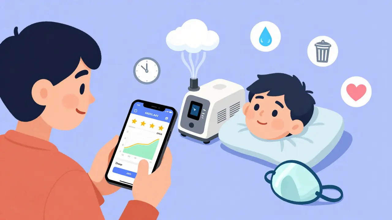 Person using a CPAP app with progress stars, humidifier cloud, and cleaning icons, smiling beside their machine.