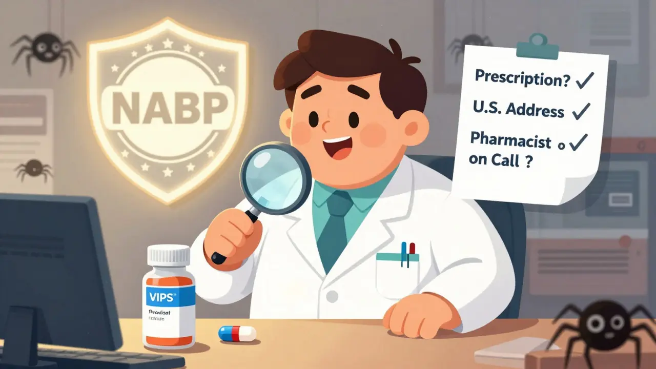 Pharmacist comparing fake and legitimate pills with VIPPS verification checklist