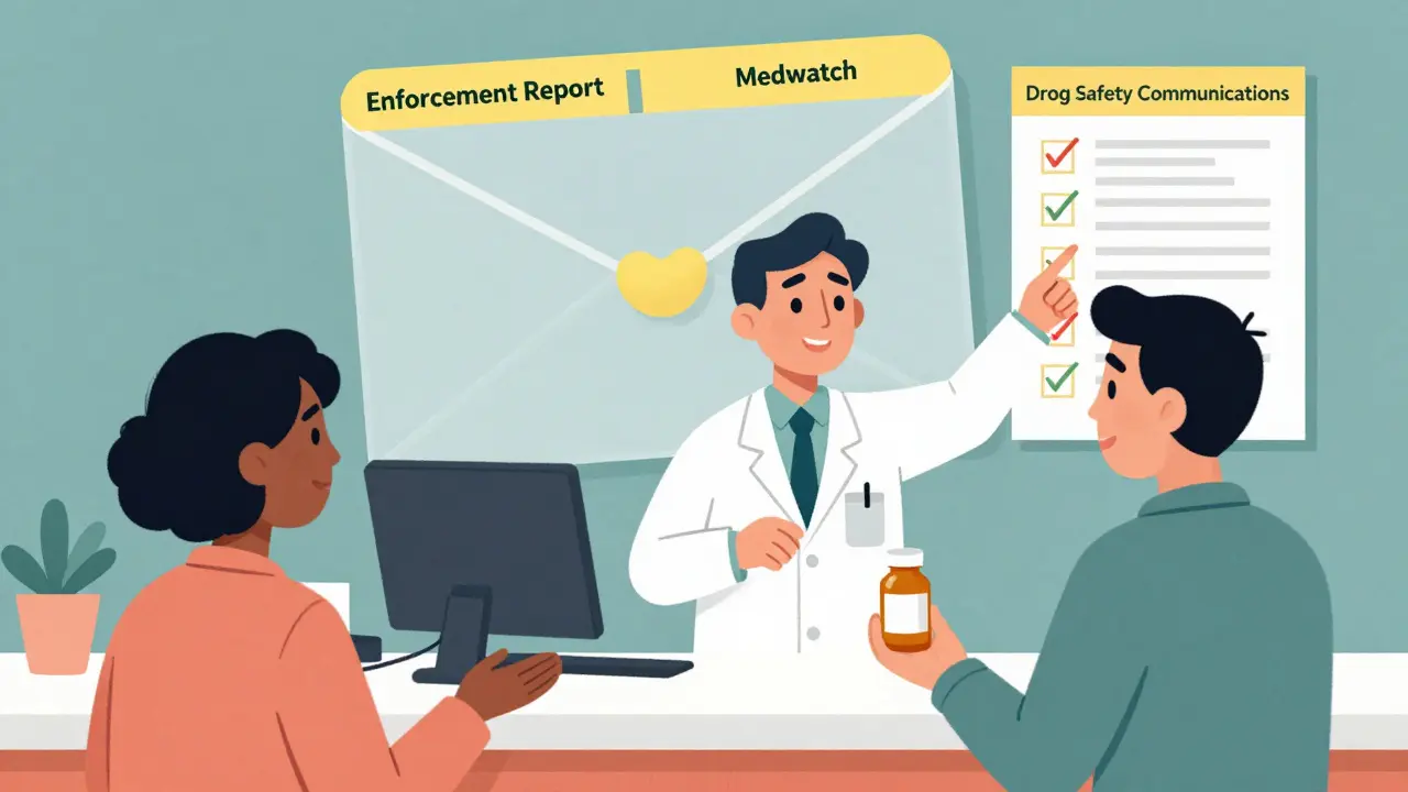 Pharmacist explaining FDA alert systems to a patient using a floating email envelope with three labeled tabs.