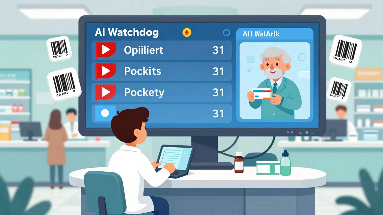 Pharmacist watches a digital dashboard with AI alerts for opioid patterns across multiple locations.