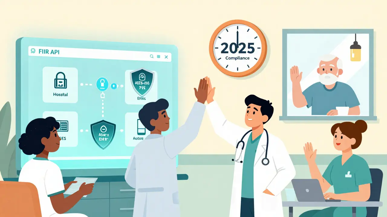 Pharmacy staff and doctors celebrate connected EHR systems with a FHIR API portal and security shields.
