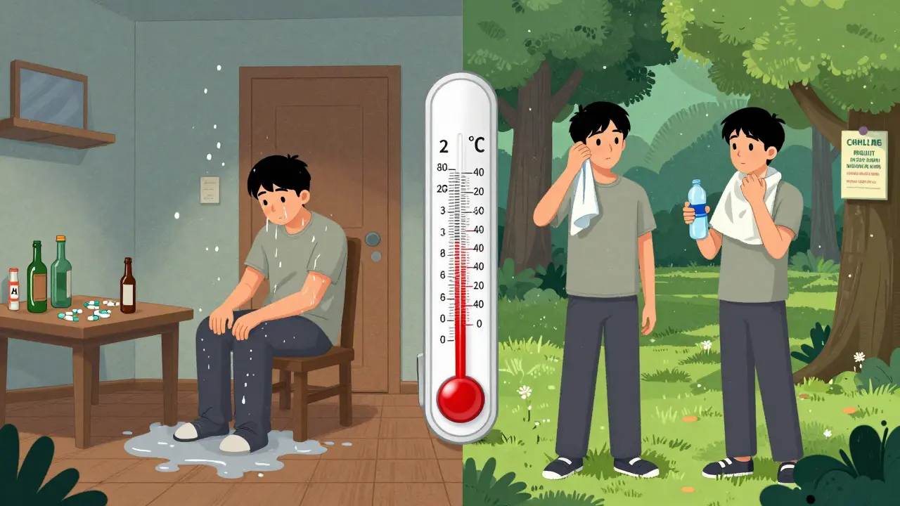 Split illustration: one side shows someone alone in a hot room with drugs, the other shows them safe with a buddy in a shaded park.