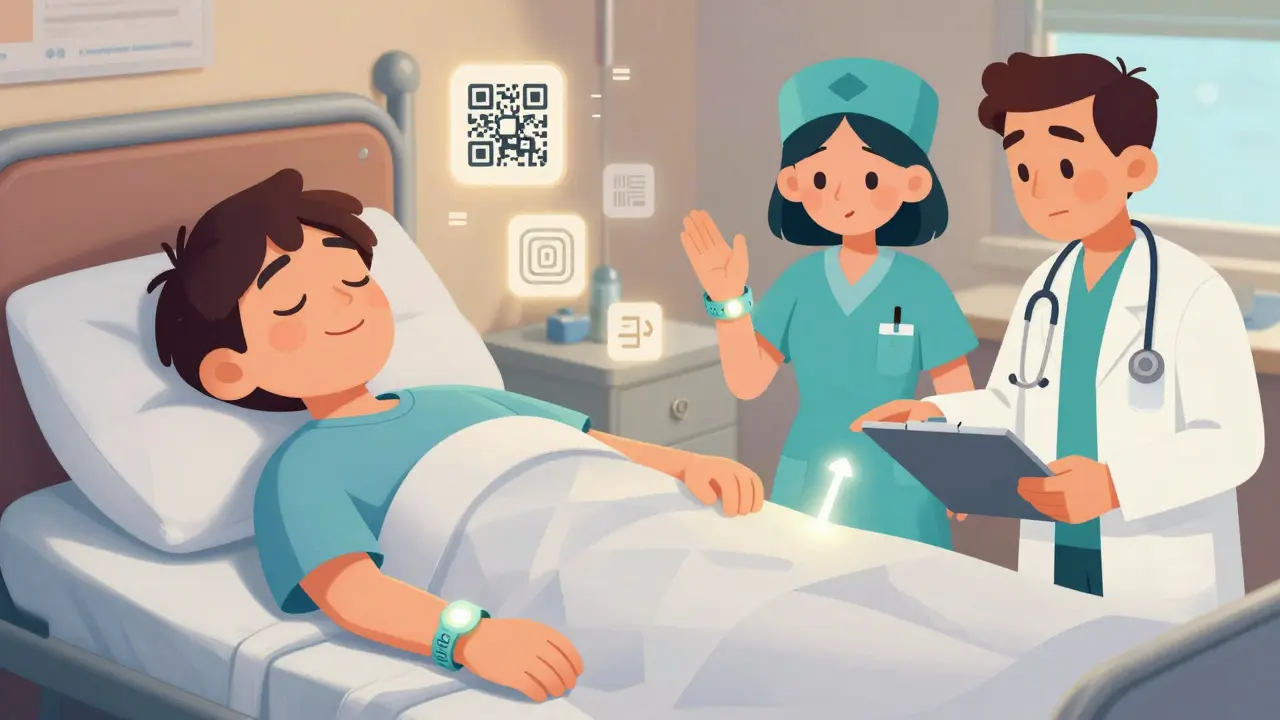 Split illustration showing someone wearing a medical bracelet while sleeping and then in an emergency room.