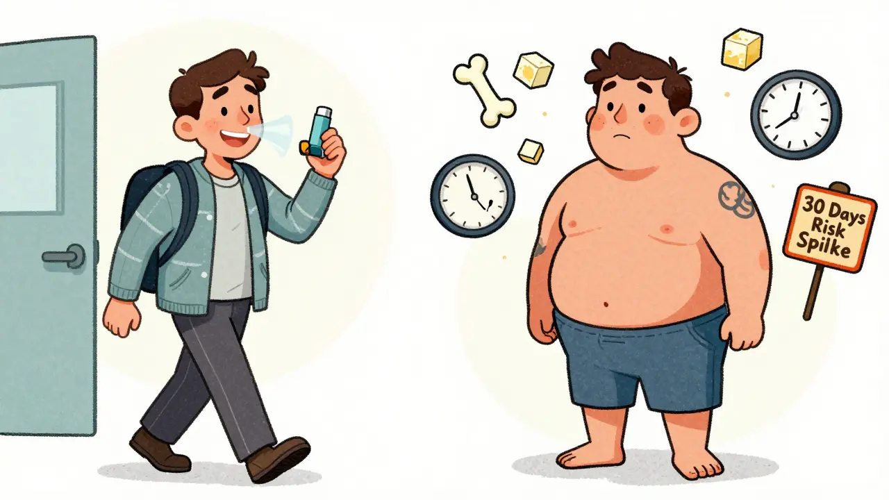 Split image: happy patient leaving hospital vs. same person with moon face and side effect symbols.