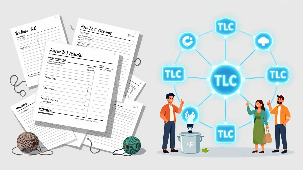 Split scene: chaotic paper trails vs. clean digital traceability chain from farm to table.